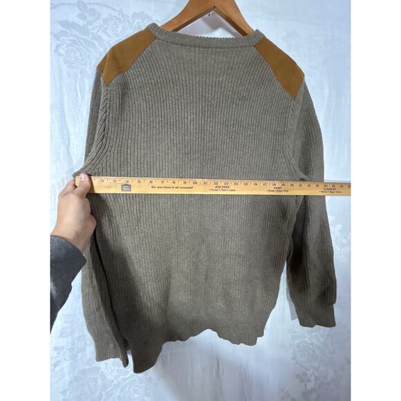J Crew Sweater Lrg Tan Cotton Ribbed Faux Suede Shoulder Patch Woodsman Comando - Picture 9 of 10